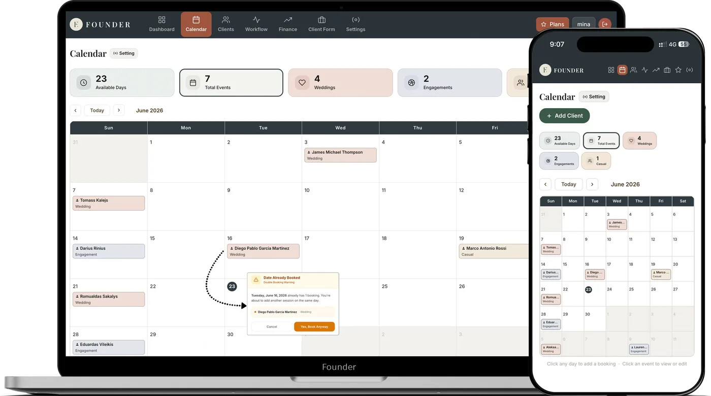 FOUNDER calender with double-booking warning on laptop and phone
