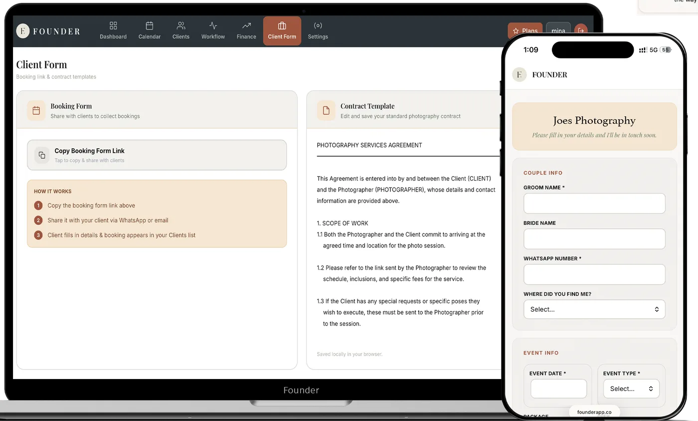 FOUNDER client form and contract templates on laptop and phone