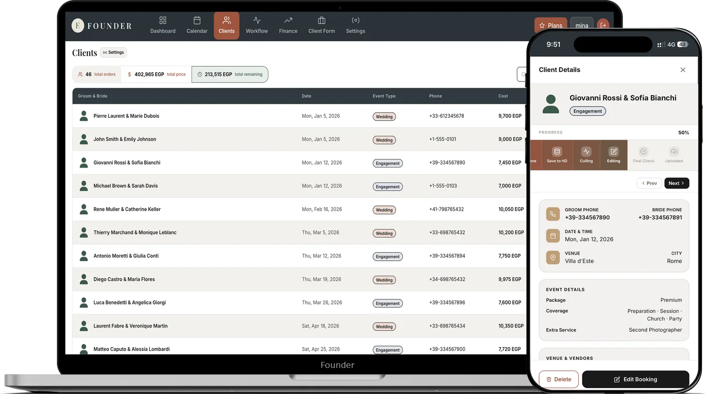 FOUNDER client list and client details on laptop and phone