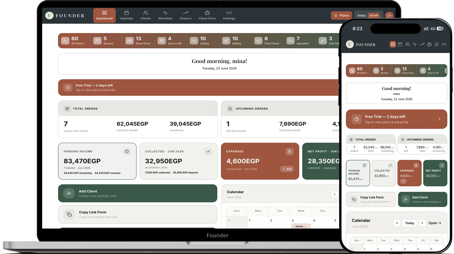 FOUNDER dashboard on laptop and phone