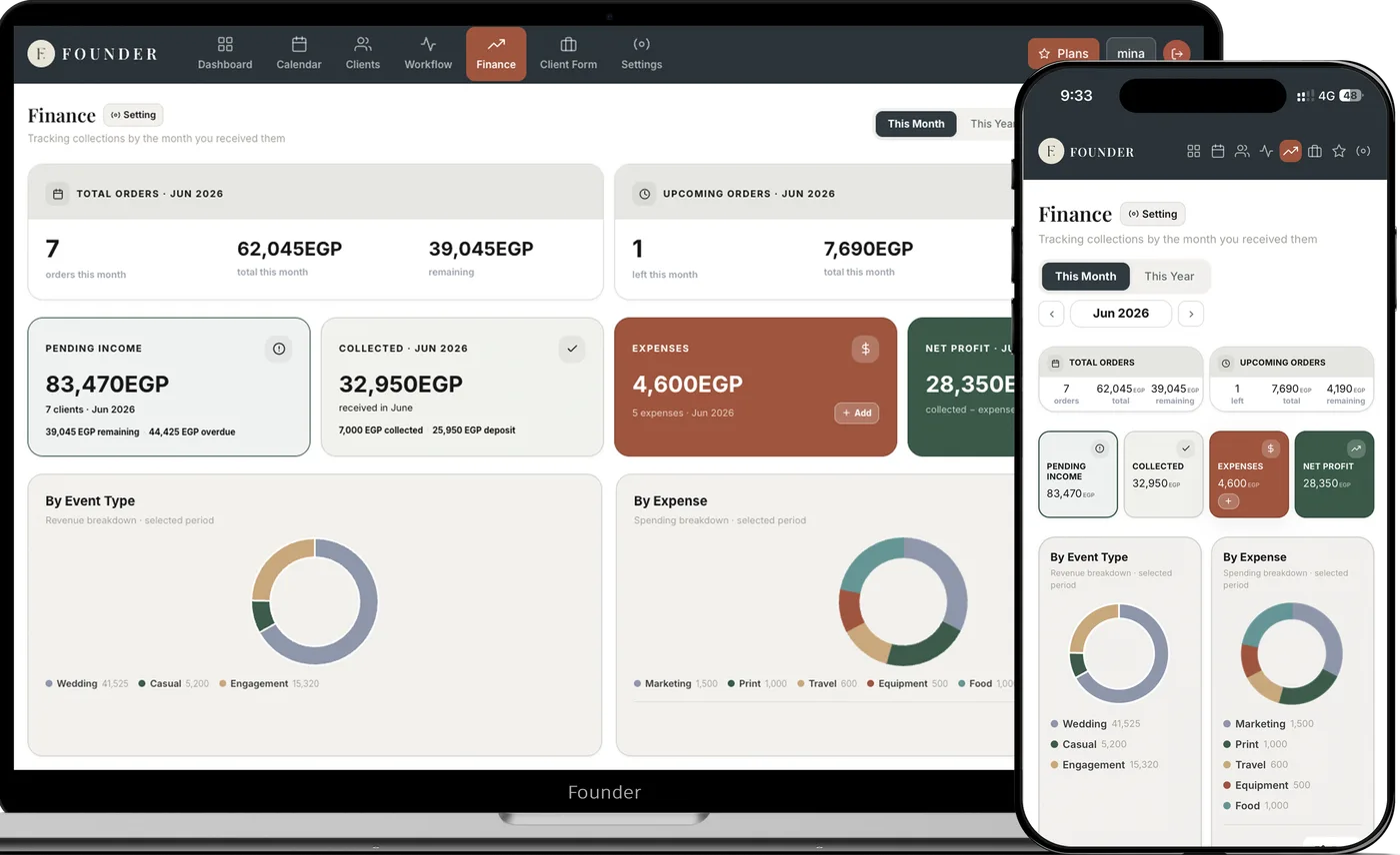 FOUNDER finance dashboard on laptop and phone