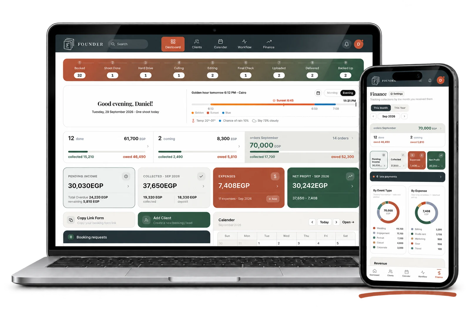 FOUNDER dashboard on a laptop and finance on a phone
