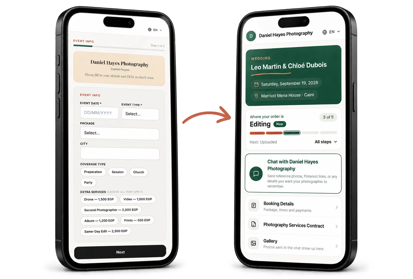 FOUNDER booking form and a client's own page on two phones