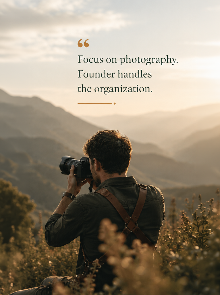 Photographer in the mountains — Focus on photography, Founder handles the organization