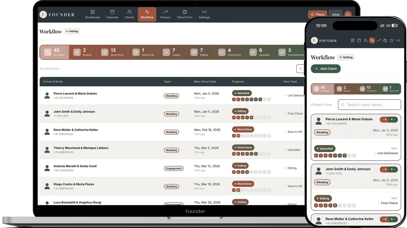 FOUNDER workflow board on laptop and phone
